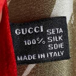 Pre Owned Gucci Red Marble Print Silk Satin Fringed Shawl