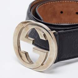 Pre Owned Gucci Black Guccissima Leather Interlocking G Buckle Belt 85CM