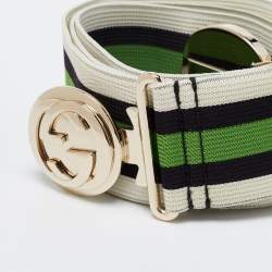 Pre Owned Gucci Green/White Web Elastic Band Interlocking G Belt 90CM