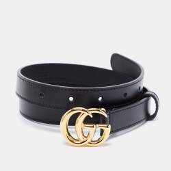 Pre Owned Gucci Black Leather GG Marmont Slim Belt 75CM