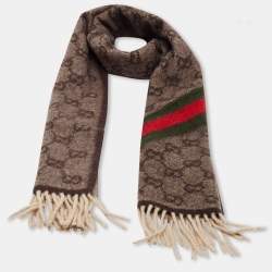 مملوكة مسبقًا Gucci Brown GG Jacquard Wool Fringed Muffler 
