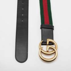 Pre Owned Gucci Black Web Canvas and Leather GG Marmont Buckle Belt 90CM