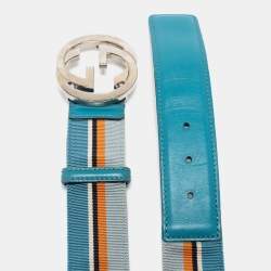 GUCCI SILVER GG BUCKLE BELT 114876 taille 85 IN BLUE LEATHER & CANVAS BELT  ref.509434 - Joli Closet