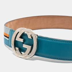 Pre Owned حزام غوتشي جلد وكانفاس مخطط أزرق إبزيم حرف جي متداخل 85 سم