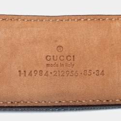 Pre Owned حزام غوتشي جلد وكانفاس مخطط أزرق إبزيم حرف جي متداخل 85 سم