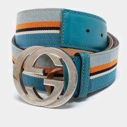 GUCCI SILVER GG BUCKLE BELT 114876 taille 85 IN BLUE LEATHER & CANVAS BELT  ref.509434 - Joli Closet