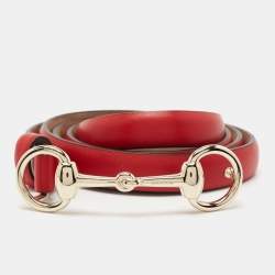 Pre Owned Gucci Red Leather Horsebit Skinny Buckle Belt 95CM