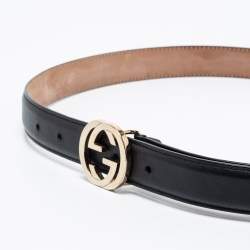Pre Owned Gucci Black Leather Interlocking G Slim Belt 85 CM