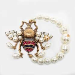 Pre Owned Gucci Aged Gold Tone Crystals & Pearl Bee Bracelet XL