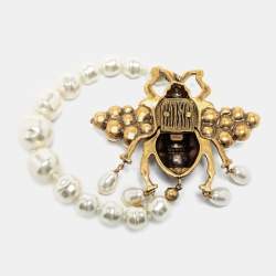 Pre Owned Gucci Aged Gold Tone Crystals & Pearl Bee Bracelet XL