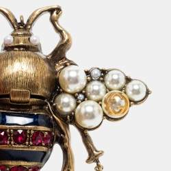 Pre Owned Gucci Aged Gold Tone Crystals & Pearl Bee Bracelet XL