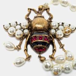 Pre Owned Gucci Aged Gold Tone Crystals & Pearl Bee Bracelet XL