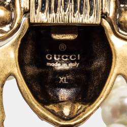 Pre Owned Gucci Aged Gold Tone Crystals & Pearl Bee Bracelet XL