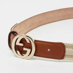 مملوكة مسبقًا Gucci Beige/Tan Nylon and Leather Interlocking G Belt 95CM