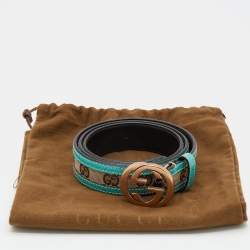 Gucci Beige/Turquoise Blue GG Canvas And Leather Interlocking G Buckle Belt 85 CM