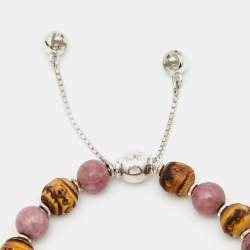 Gucci Bi-color Stone & Wood Beaded Sterling Silver Adjustable Bracelet 17