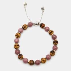 Gucci Bi-color Stone & Wood Beaded Sterling Silver Adjustable Bracelet 17