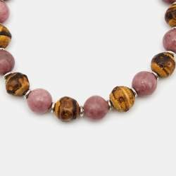 Gucci Bi-color Stone & Wood Beaded Sterling Silver Adjustable Bracelet 17