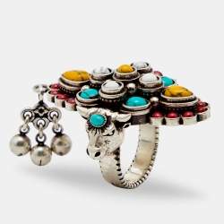 Pre Owned Gucci Aged Sterling Silver Multicolor Beaded Anger Forest Ring Size EU 51