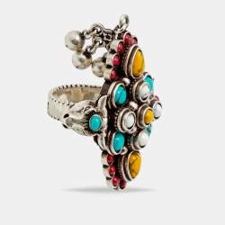 Pre Owned Gucci Aged Sterling Silver Multicolor Beaded Anger Forest Ring Size EU 51