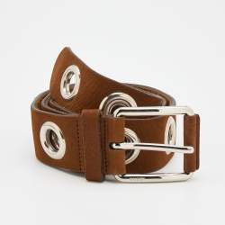 Pre Owned Gucci Brown Nubuck Leather Grommet Buckle Belt Size 90CM