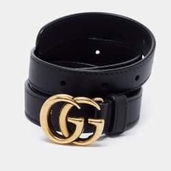 Pre Owned Gucci Black Leather GG Marmont Buckle Slim Belt 95 CM
