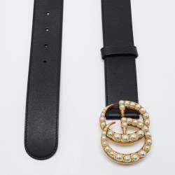 مملوكة مسبقًا Gucci Black Leather Pearl Embellished Double G Buckle Belt 90 CM
