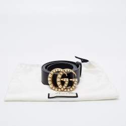 مملوكة مسبقًا Gucci Black Leather Pearl Embellished Double G Buckle Belt 90 CM