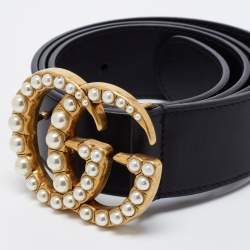 مملوكة مسبقًا Gucci Black Leather Pearl Embellished Double G Buckle Belt 90 CM