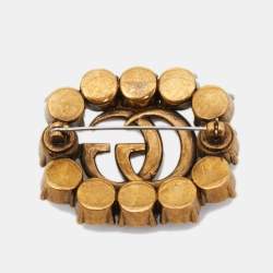 مملوكة مسبقًا Gucci Aged Gold Tone GG Crystal Pin Brooch