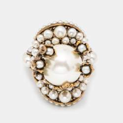 Gucci Faux Pearl Flower Gold Tone Ring Size 50