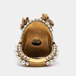 Gucci Faux Pearl Flower Gold Tone Ring Size 50