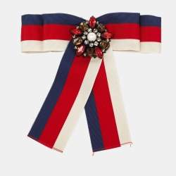 مملوكة مسبقًا Gucci Crystal Faux Pearl Gunmetal Tone Fabric Brooch