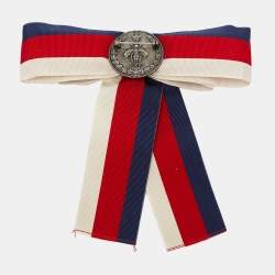 مملوكة مسبقًا Gucci Crystal Faux Pearl Gunmetal Tone Fabric Brooch