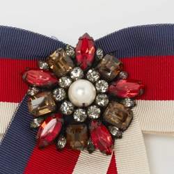 مملوكة مسبقًا Gucci Crystal Faux Pearl Gunmetal Tone Fabric Brooch