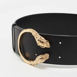 Gucci Black Leather Tiger Head Wide Belt 70CM