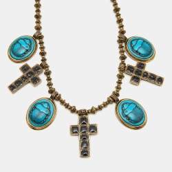 Pre Owned Gucci Aged Scarab and Cross Charms Gold Tone Necklace