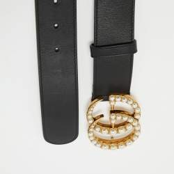 Pre Owned Gucci Black Leather Double G Pearl Embellished Buckle Belt 80CM