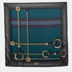 Gucci Teal & Grey Horsebit Print Silk Scarf