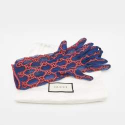 Pre Owned Gucci Blue/ Red Net GG Embroidered Gloves S