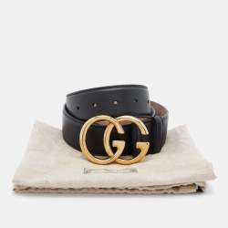 Pre Owned Gucci Black Leather Double G Buckle Belt 80CM