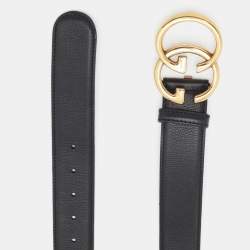 Pre Owned Gucci Black Leather Double G Buckle Belt 80CM