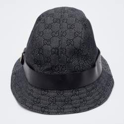 Pre Owned Gucci Dark Grey Logo Jacquard Leather Trim Bucket Hat L