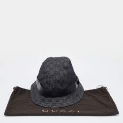 Pre Owned Gucci Dark Grey Logo Jacquard Leather Trim Bucket Hat L