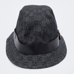Pre Owned Gucci Dark Grey Logo Jacquard Leather Trim Bucket Hat L