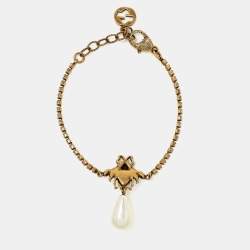 Gucci Bee Crystal Faux Pearl Gold Tone Bracelet