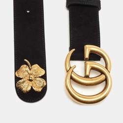 Gucci Black Suede Leaf Clover Interlocking G Belt 75CM