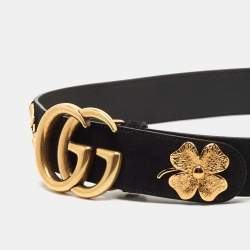 Gucci Black Suede Leaf Clover Interlocking G Belt 75CM