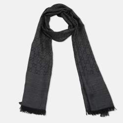 Gucci Charcoal Grey Wool & Silk Logo Monogram Scarf
