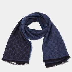Pre Owned Gucci Navy Blue & Brown Wool & Silk Monogram Scarf